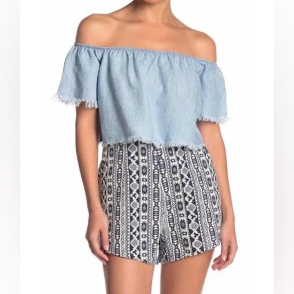 Show Me Your Mumu Show Me Your Mimi Off The Shoulder Chambray Crop Top
